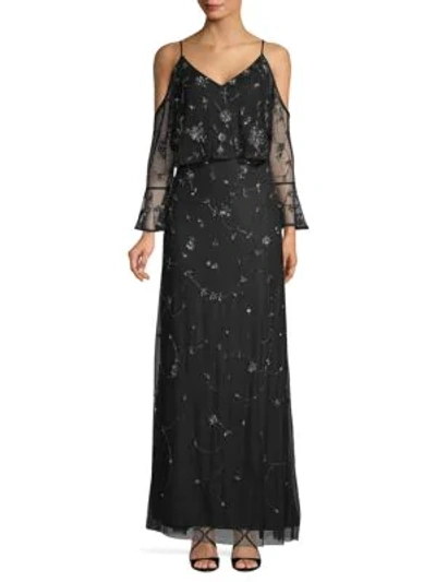 Shop Adrianna Papell Beaded Cold Shoulder Gown In Black