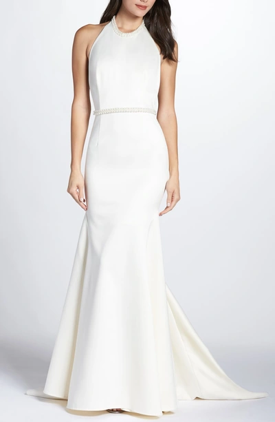 Shop Bronx And Banco Monro Halter Trumpet Gown In White