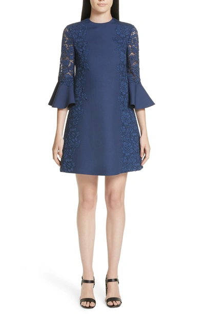 Shop Valentino Lace & Crepe Couture Bell Sleeve Dress In Pure Blue