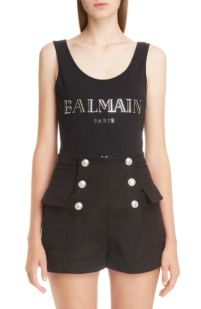 Shop Balmain 3d Metallic Logo Cotton Bodysuit In Eac Noir/ Argent