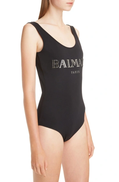 Shop Balmain 3d Metallic Logo Cotton Bodysuit In Eac Noir/ Argent