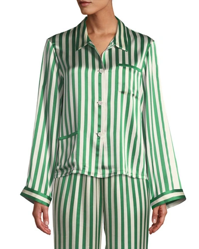 Shop Morgan Lane Ruthie Striped Classic Silk Pajama Top In Emerald