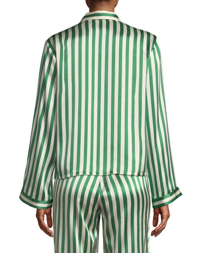 Shop Morgan Lane Ruthie Striped Classic Silk Pajama Top In Emerald