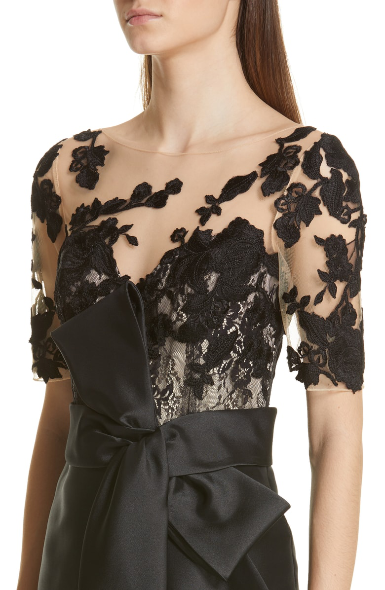 badgley mischka lace accent bow cocktail dress