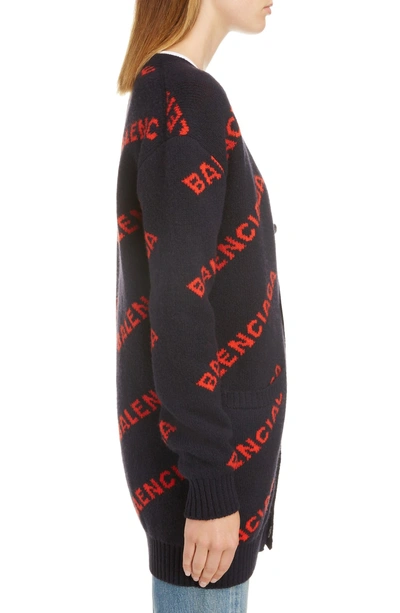 Shop Balenciaga Logo Jacquard Wool Blend Cardigan In Navy/ Orange