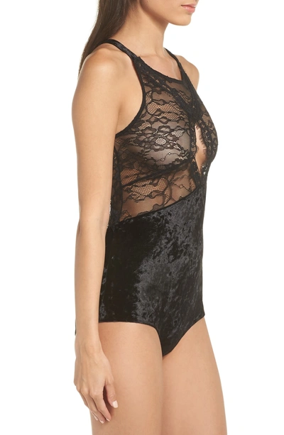 Shop Honeydew Intimates Crushed Velvet & Lace Bodysuit In Black