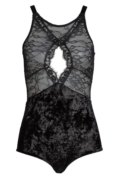 Shop Honeydew Intimates Crushed Velvet & Lace Bodysuit In Black