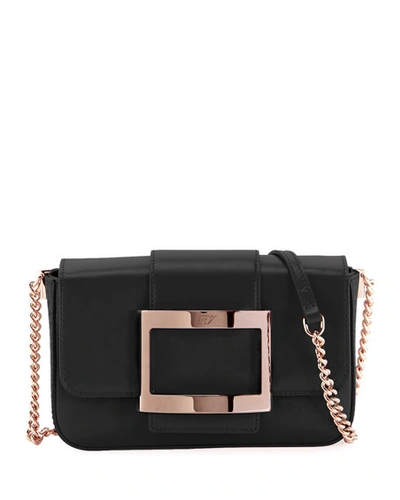 Shop Roger Vivier Tres Vivier Micro Leather Clutch Bag With Shoulder Strap In Black