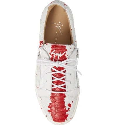 Shop Giuseppe Zanotti Embossed Low Top Sneaker In White/ Red