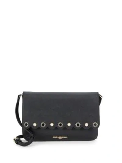 Shop Karl Lagerfeld Scalloped Faux Pearl Leather Crossbody Bag In Black