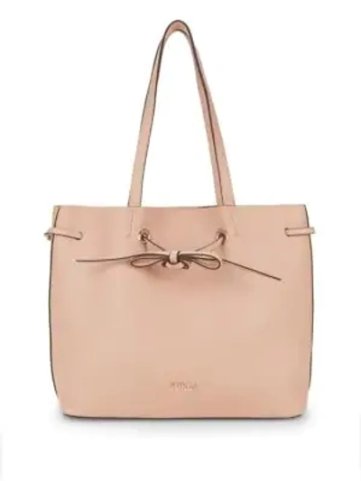 Shop Furla Drawstring Leather Tote In Moonstone