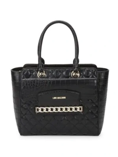 Shop Love Moschino Quilted Faux Leather Tote Bag In Black