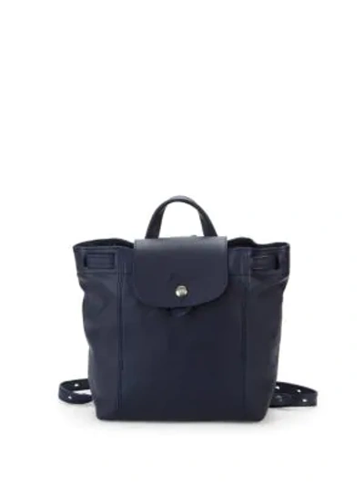 Shop Longchamp Le Pliage Cuir Leather Backpack In Navy