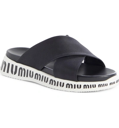 Shop Miu Miu Run Logo Slide Sandal In Black