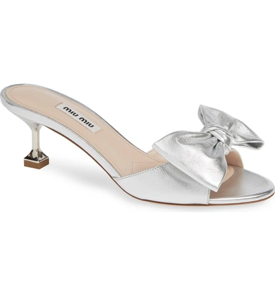Shop Miu Miu Bow Slide Sandal In Silver