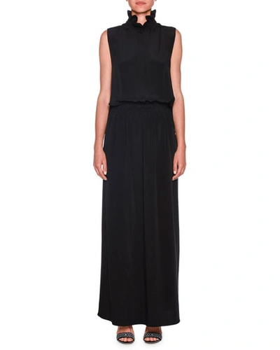 Shop Giorgio Armani Sleeveless Smocked-waist Silk Gown In Black