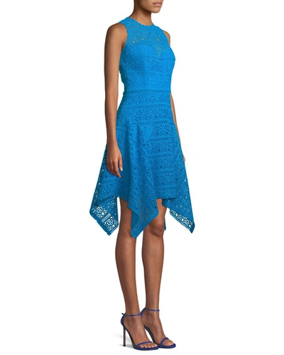 Shop Theia Novelty Guipure Lace Handkerchief-hem Dress In Blue