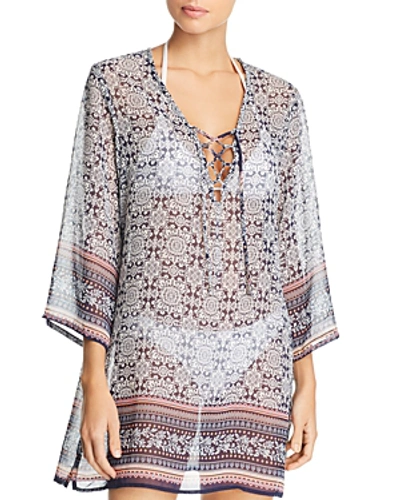 Shop J Valdi Islander Lace-up Tunic Swim Cover-up In Navy/coral