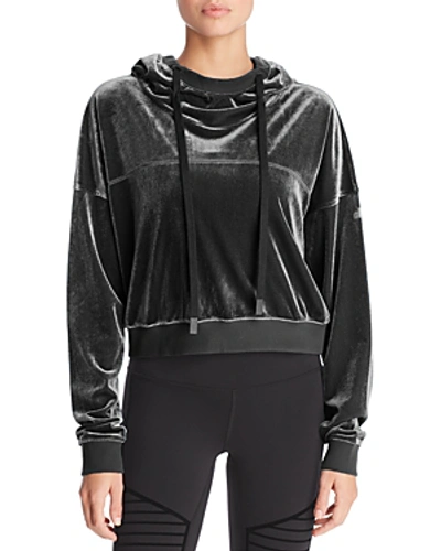 Shop Alo Yoga Velour Cropped Hooded Sweatshirt In Black