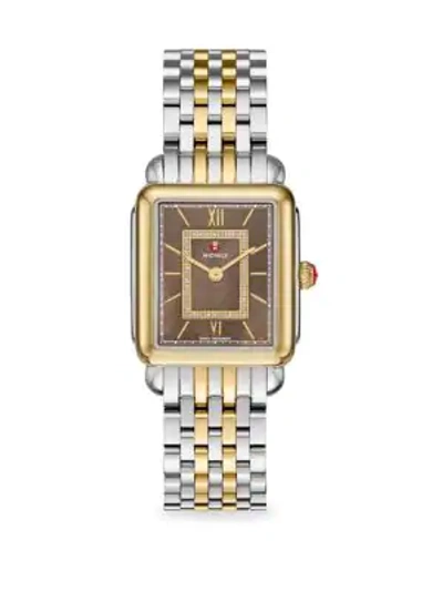 Shop Michele Watches Deco Ii Mid 40 Diamond, Mother-of-pearl & Two-tone Stainless Steel Bracelet Watch In Gold