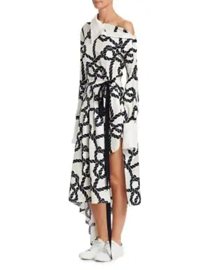 Shop Monse Rope Print Pleated Silk Dress In Ivory Navy