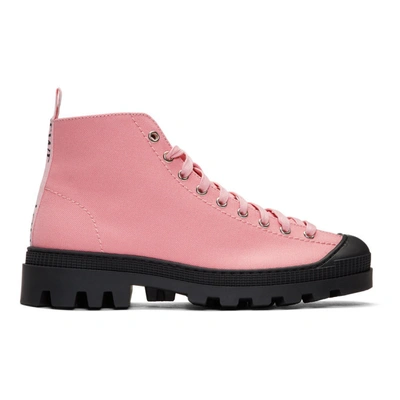 Shop Loewe Pink And Black Canvas Lace-up Boots In 7140 Pink