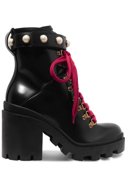 Shop Gucci Faux Pearl-embellished Leather Ankle Boots In Black