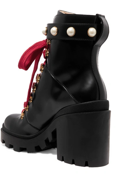 Shop Gucci Faux Pearl-embellished Leather Ankle Boots In Black