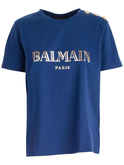 Shop Balmain Round Neck Logo Print T-shirt In Sau Indigo