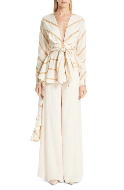 Shop Johanna Ortiz Asymmetrical Stripe Poplin Blouse In Ecru Camel