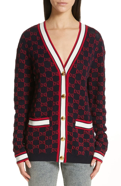 Shop Gucci Gg Wool Cardigan In 4206 Blue/ Multicolor