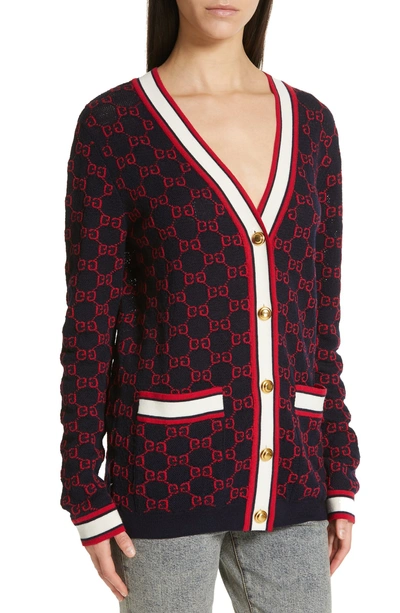 Shop Gucci Gg Wool Cardigan In 4206 Blue/ Multicolor