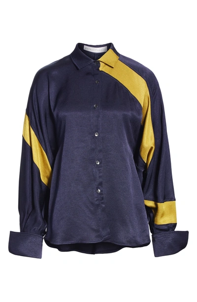 Shop Palmer Harding Solo Shirt In Navy Faille With Chartreuse