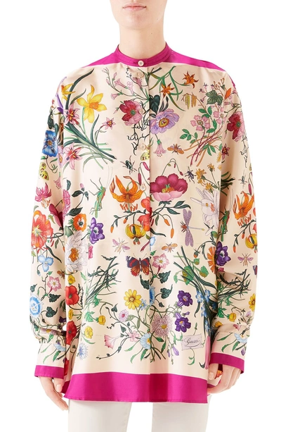 Shop Gucci Floral Print Silk Twill Blouse In 5656 Bright Fucsia/ Iv. Pr