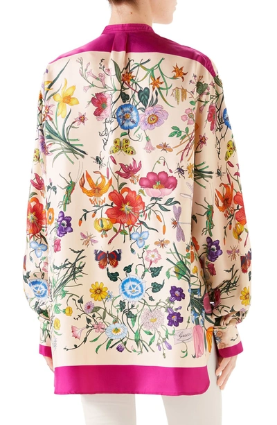 Shop Gucci Floral Print Silk Twill Blouse In 5656 Bright Fucsia/ Iv. Pr