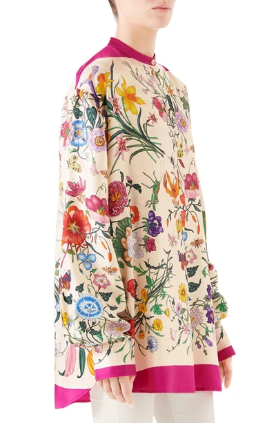 Shop Gucci Floral Print Silk Twill Blouse In 5656 Bright Fucsia/ Iv. Pr