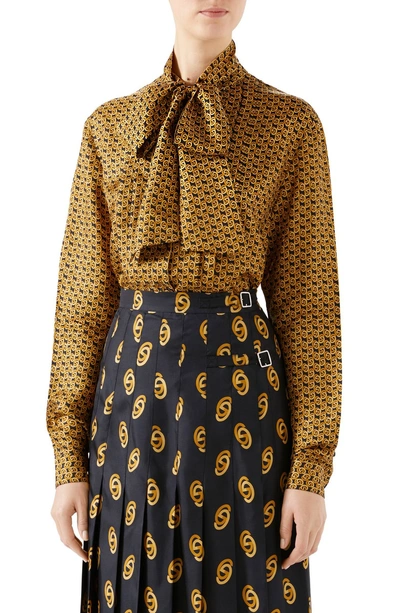 Shop Gucci Gg Silk Twill Bow Blouse In 1744 Black/ Gold Printed