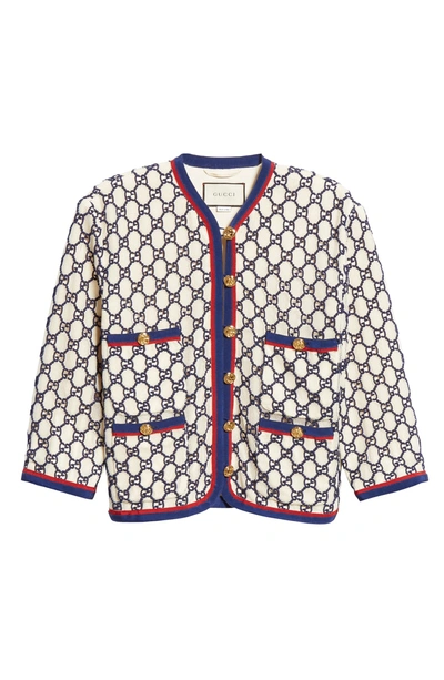 Shop Gucci Gg Macrame Crop Jacket In 9316 White Magnolia/ R.blu