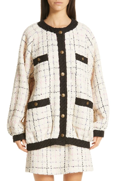 Shop Gucci Oversize Tweed Bomber Jacket In 9283 Ivory/ Pink/ Light Blu
