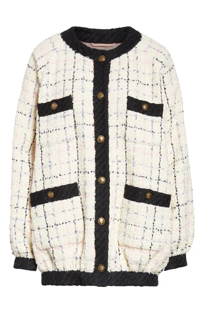 Shop Gucci Oversize Tweed Bomber Jacket In 9283 Ivory/ Pink/ Light Blu