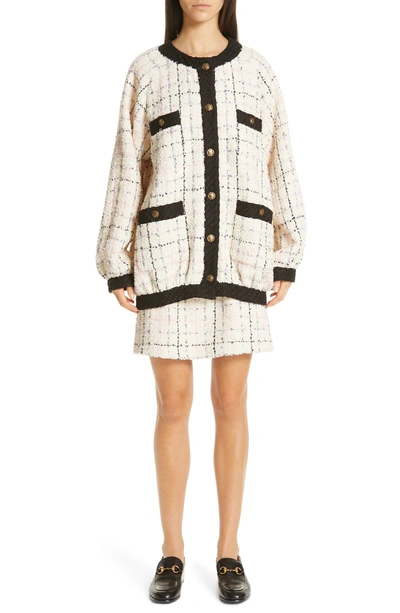 Shop Gucci Oversize Tweed Bomber Jacket In 9283 Ivory/ Pink/ Light Blu