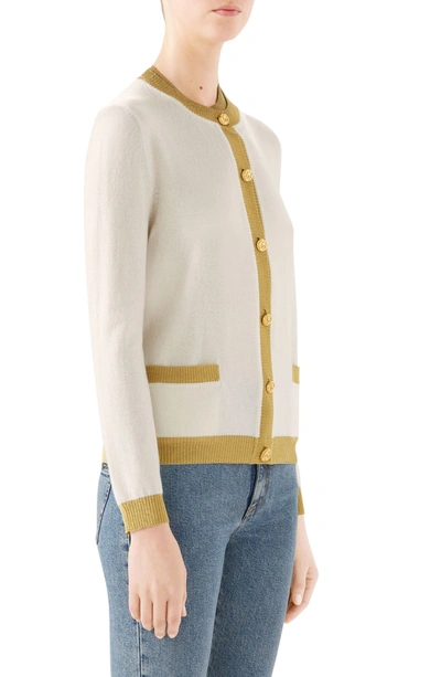 Shop Gucci Metallic Trim Cashmere & Silk Cardigan In 9858 Ivory/ Gold