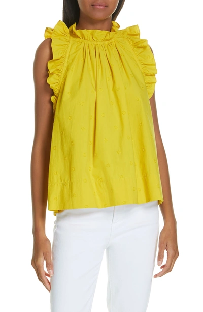 Shop Ulla Johnson Tilda Embroidered Ruffle Trim Top In Chartreuse
