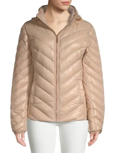 Shop Michael Michael Kors Chevron Hooded Puffer Coat In Champagne