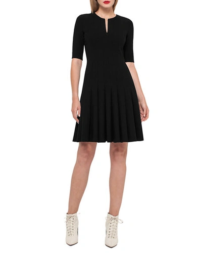 Akris Elbow-sleeve Zip-front Pleated A-line Wool Dress In Black