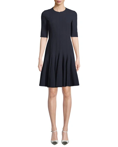 Akris Elbow-sleeve Zip-front Pleated A-line Wool Dress In Navy