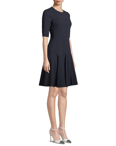 Akris Elbow-sleeve Zip-front Pleated A-line Wool Dress In Navy