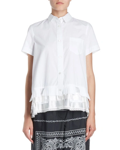 Shop Sacai Short-sleeve Button-down Ruffled-hem Shirt In White