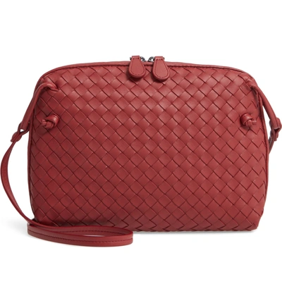 Shop Bottega Veneta Nodini Woven Leather Crossbody Bag - Red In Baccara Rose/ Brunito