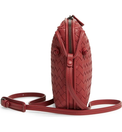 Shop Bottega Veneta Nodini Woven Leather Crossbody Bag - Red In Baccara Rose/ Brunito